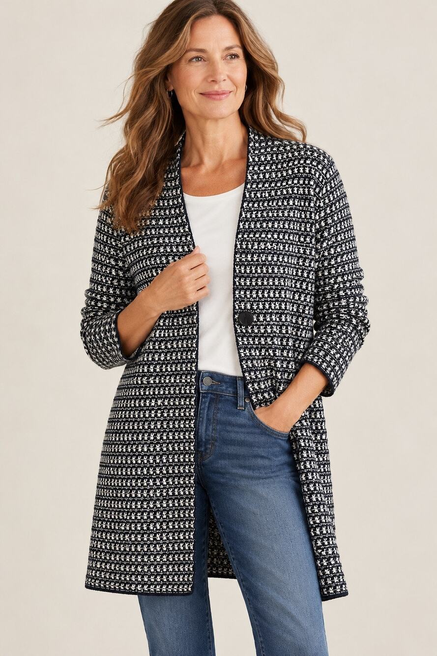 J.Jill Wearever Black White Textured Knit Longline Cardigan Sweater XL